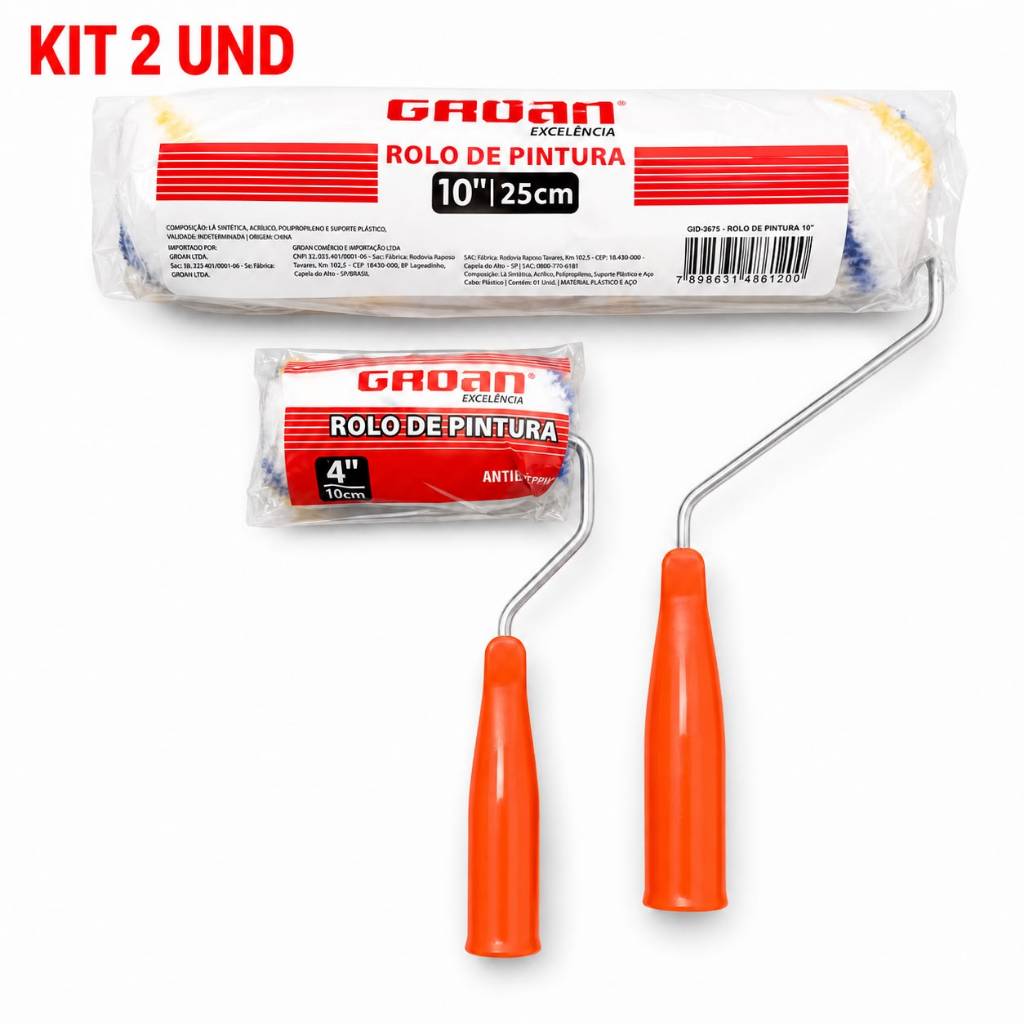 Kit 2 Rolos de Pintura Lã Anti Respingo com Suporte 10” 25cm + 4” 10cm