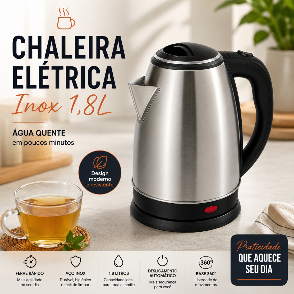 Chaleira elétrica em aço inoxidável 1,8L  110V/220V - Fervura rápida Desligamento automático