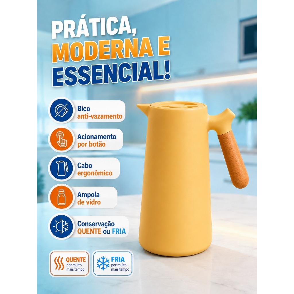 Garrafa Térmica 1L com Cabo Ergonômico de Madeira para Café Chá e Bebidas — imagem 2 de 2