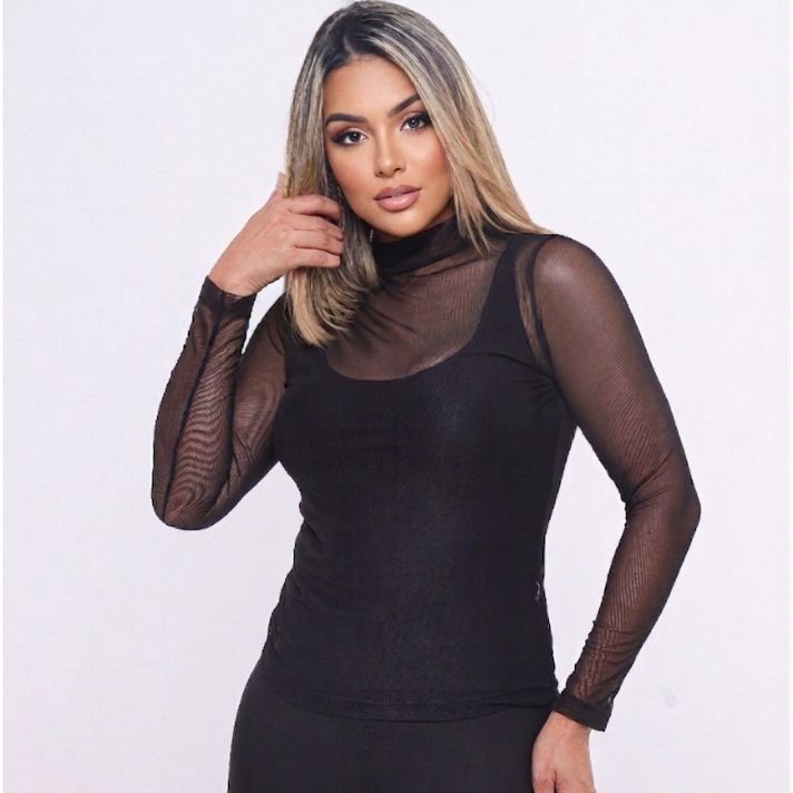 Blusa Tule Feminina Manga Longa Luxo