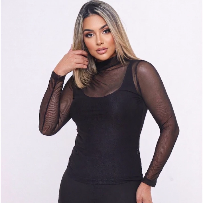 Blusa Tule Feminina Manga Longa Luxo