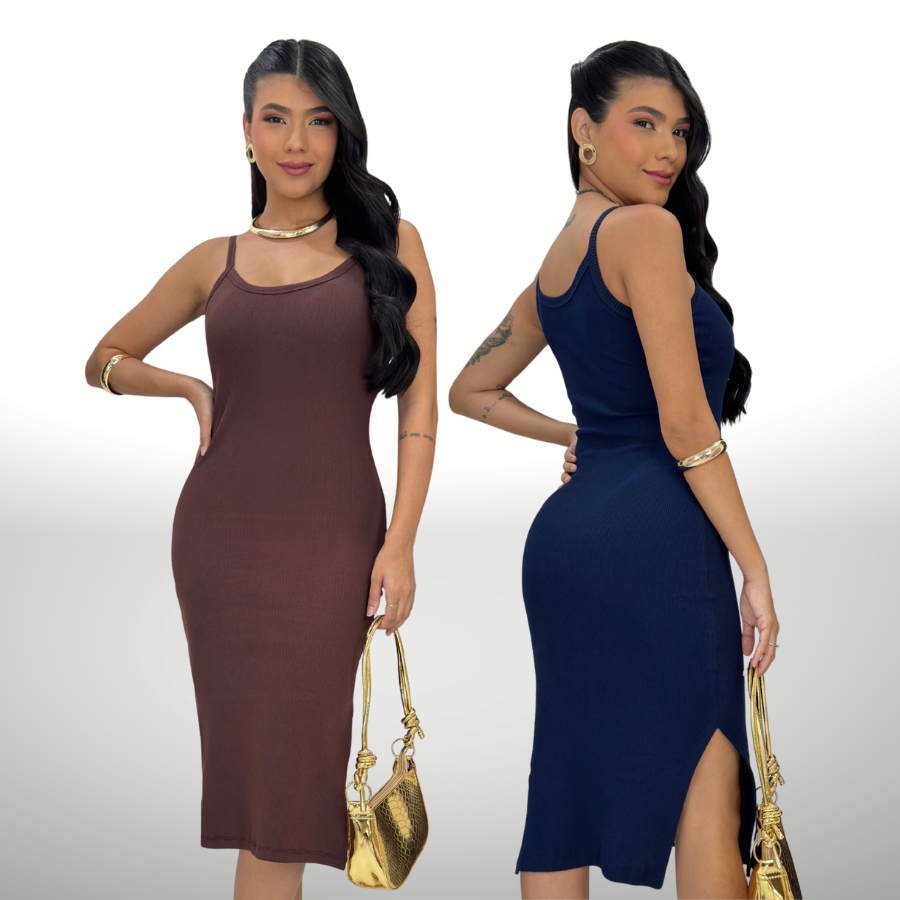 Vestido Alça Feminino Midi Malha Ribana Canelado Algodão com Elastano com Bojo Fenda Lateral Casual Elegante Gestante