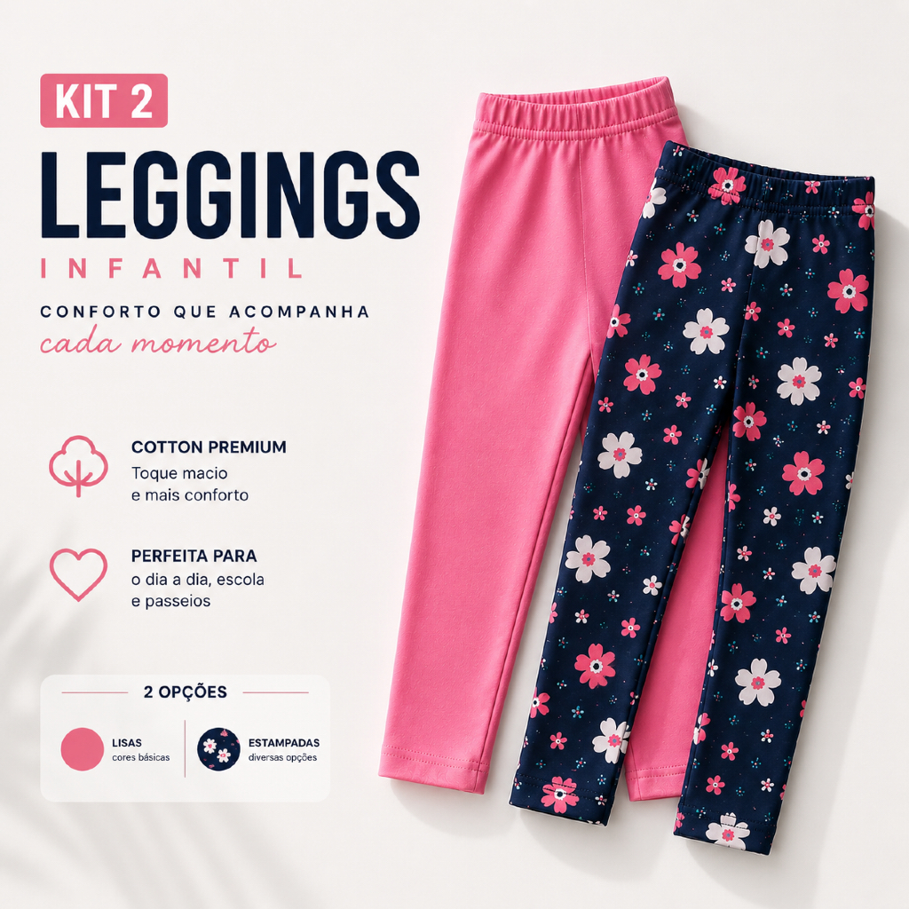 Kit 2 Leggings Infantil Menina Cotton 1 ao 8 Anos Lisa e Estampada Cores Sortidas