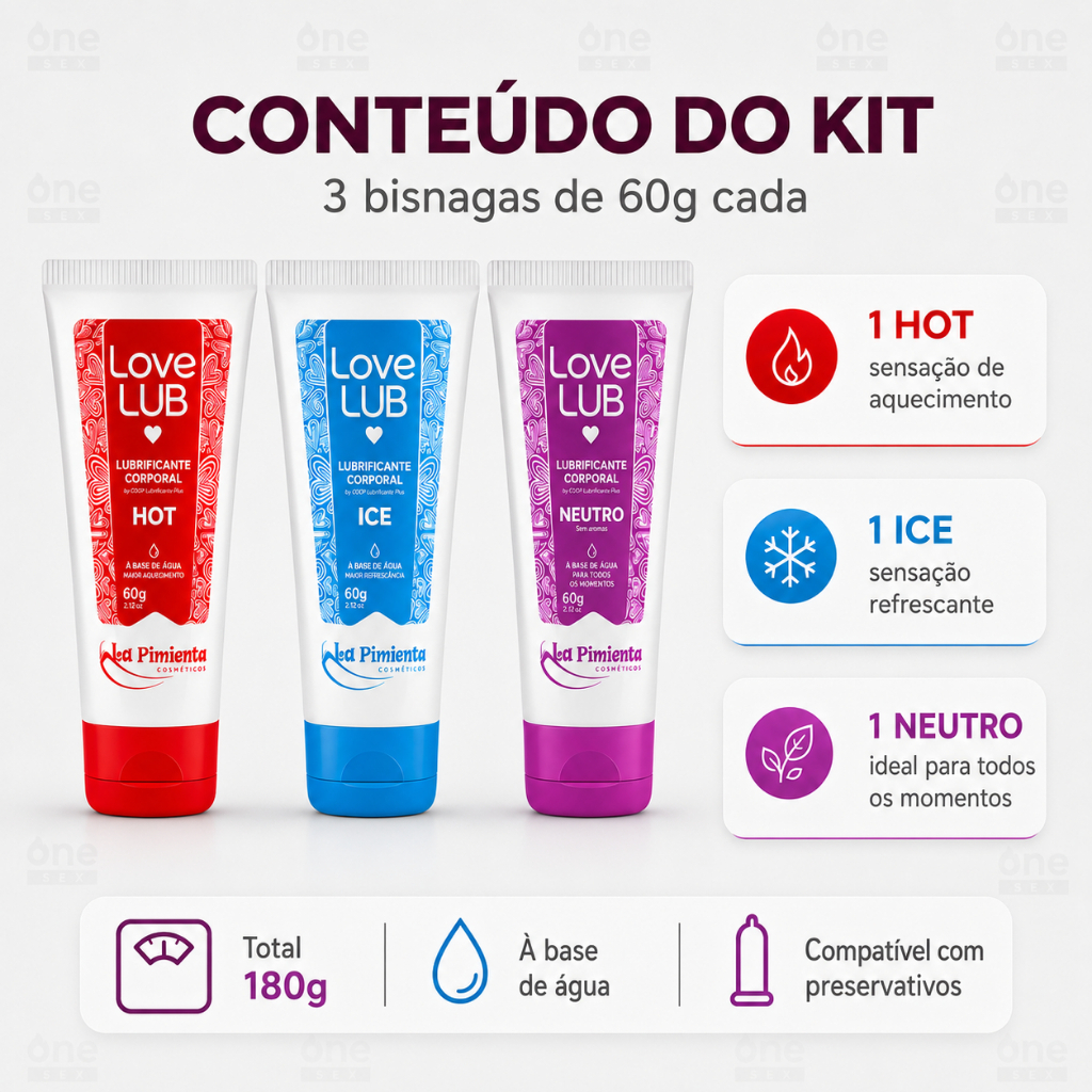 Kit Gel Lubrificante A Base De Água Love Lub Ice, Hot e Neutro 60g - La Pimienta — imagem 2 de 2