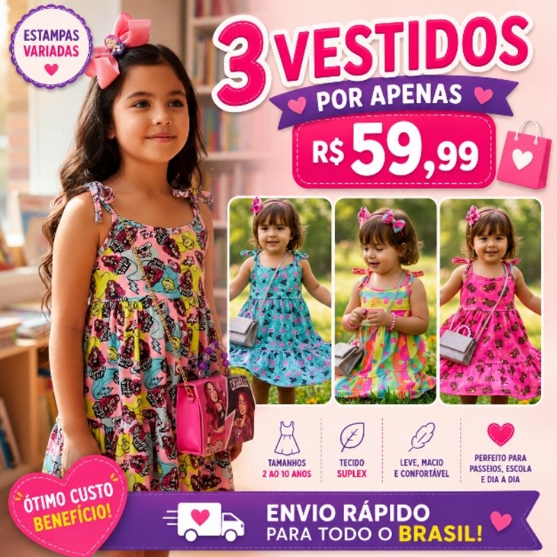 Kit 3 Vestidos Infantis Menina barato/vestido menina infantil básico/Vestidos infantis Estampado