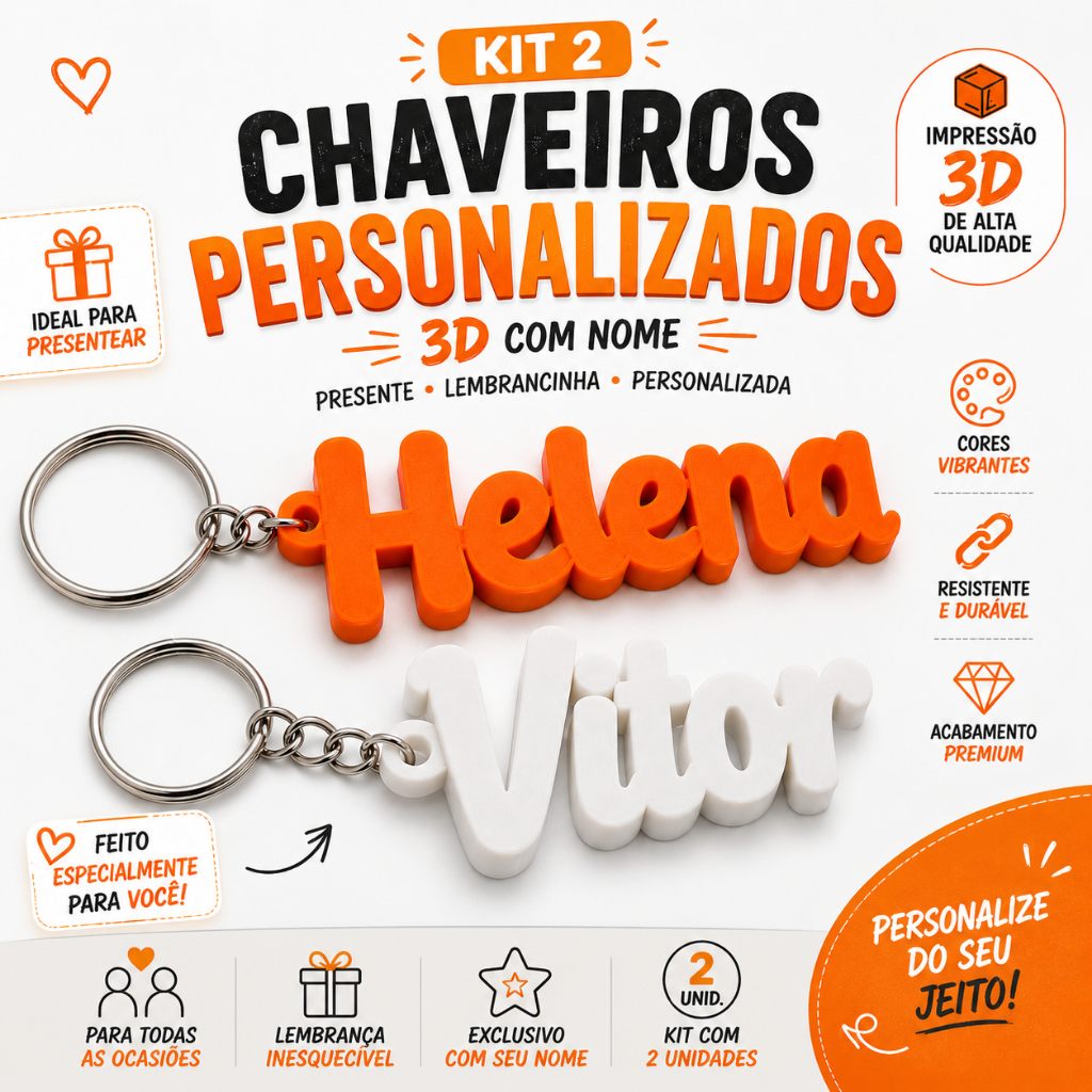 Kit 2 Chaveiros Personalizados 3D com Nome Presente Lembrancinha Personalizada Aniversario Brinde