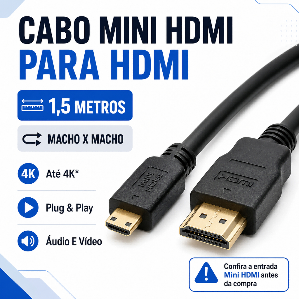 Cabo Mini HDMI Para HDMI Macho 1,5m Até 4K Câmera TV Monitor Projetor