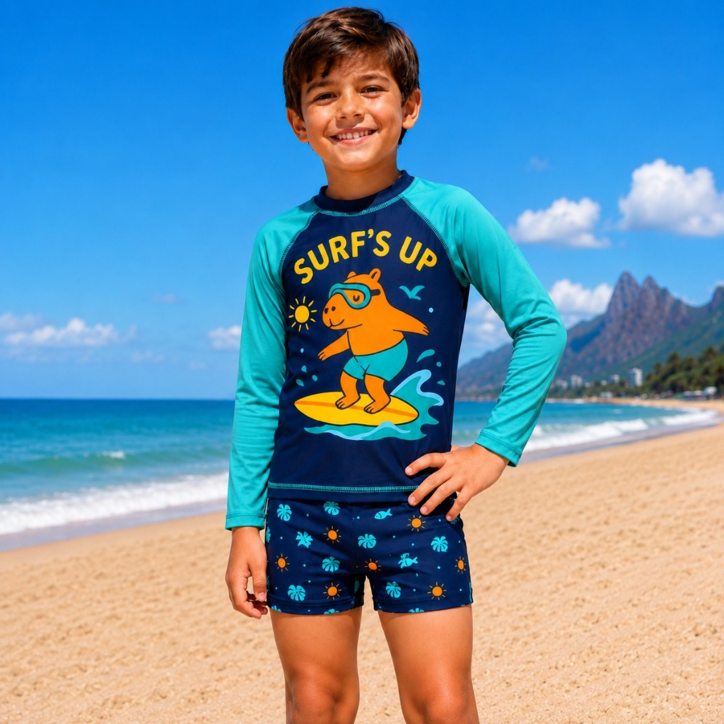 Conjunto Camiseta E Sunga Box Infantil Proteção Solar Uv 50+ Boxer Praia Piscina Natação