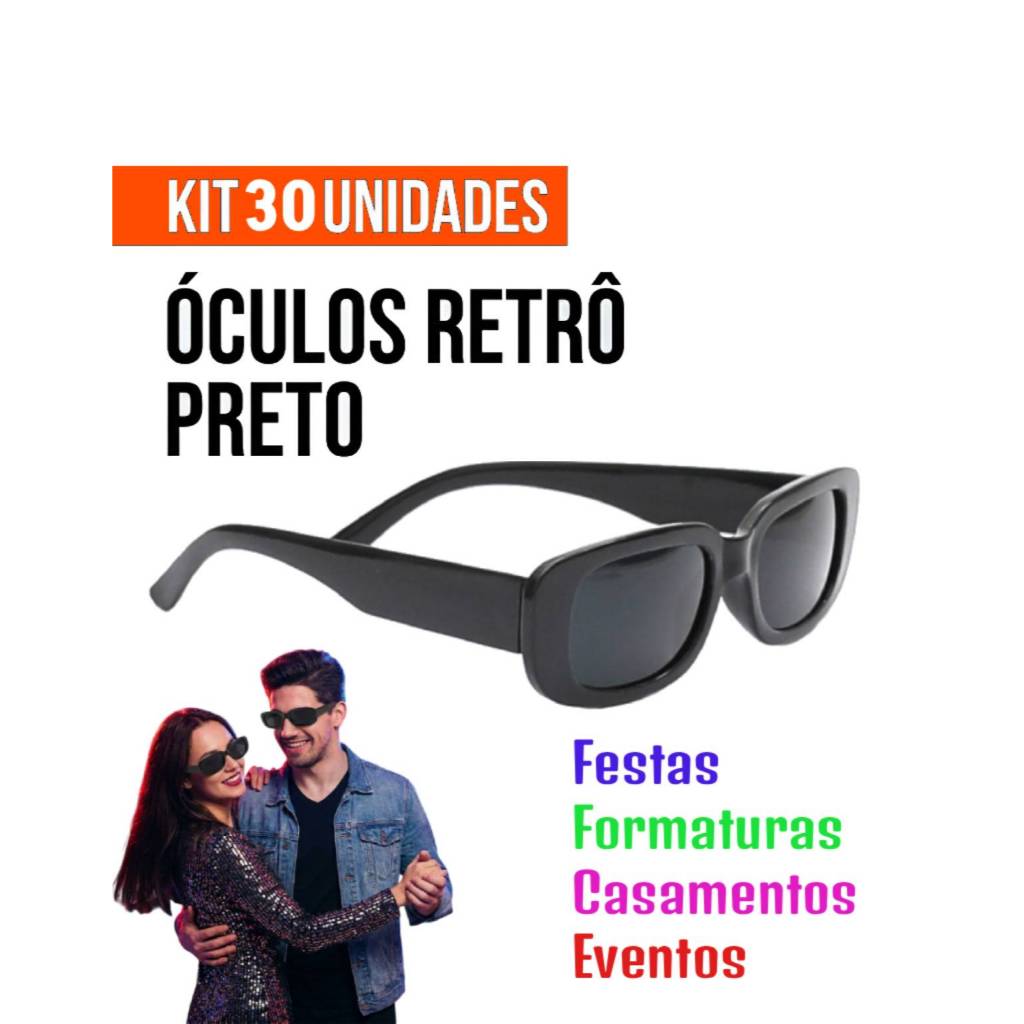 KIT 30 ÓCULOS RETRÔ FESTA EVENTO CASAMENTO COR PRETO