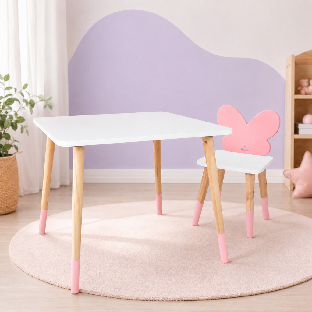 Mesa Cadeira Infantil Madeira Borboletinha Brinquedo Pedagógico Mobiliário Quarto Montessori Criança Kit Livro Educativo