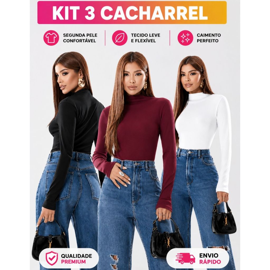 Kit 3 Cacharrel Feminina Básica Ribana Segunda Pele