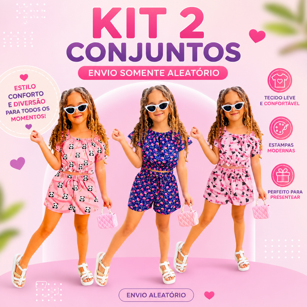 Kit com 2 Conjuntos Ciganinha Infantil Feminino | Blusa Ombro a Ombro + Short | Tamanhos 2 ao 12 | Envio Rápido
