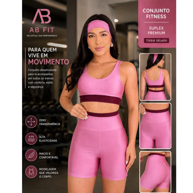 Conjunto Feminino Short Fitness Meia Coxa Virgínia Suplex Premium Cintura Bermuda