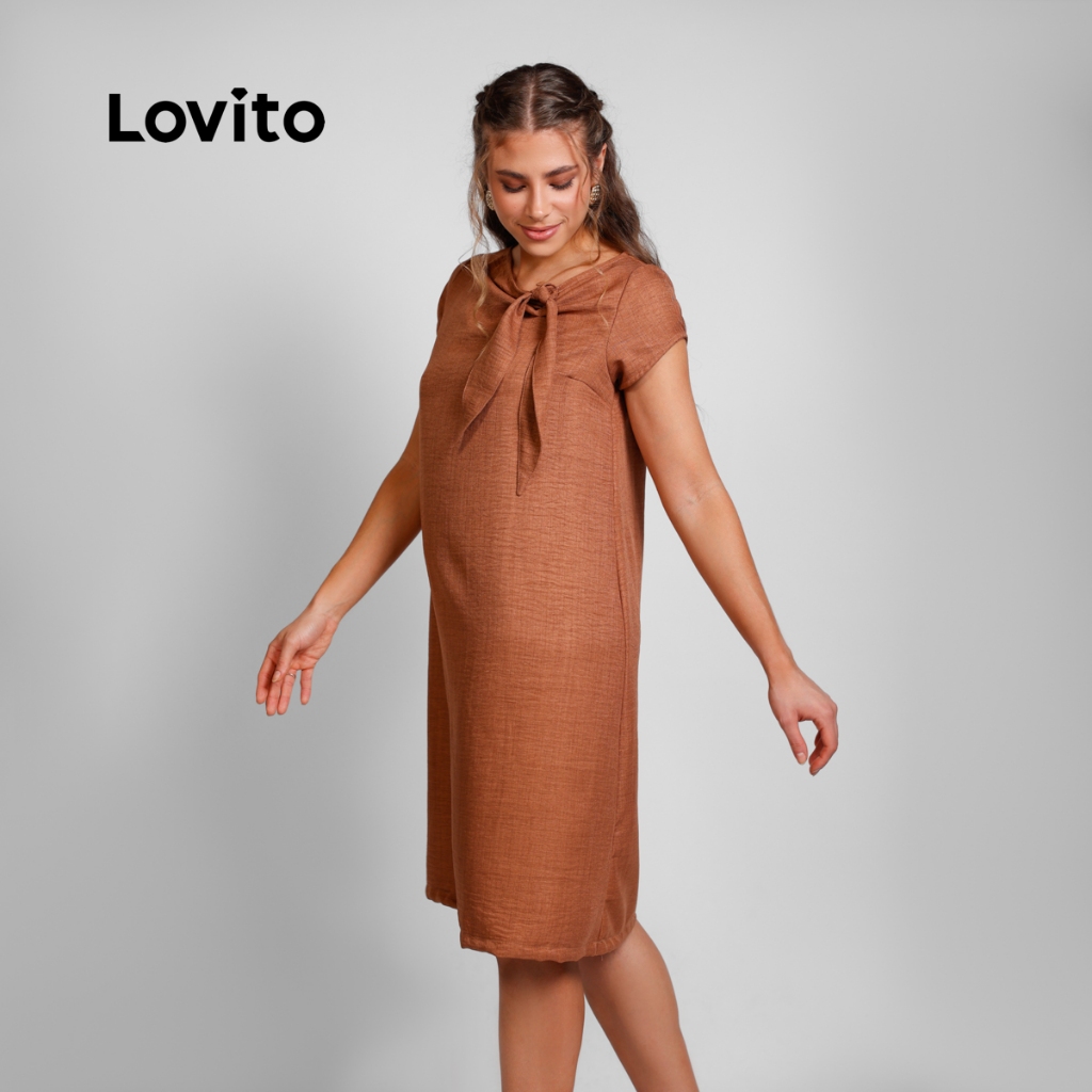 Vestido Feminino Mangas Curtas e Detalhe de Laço no Pescoço DRB21662196