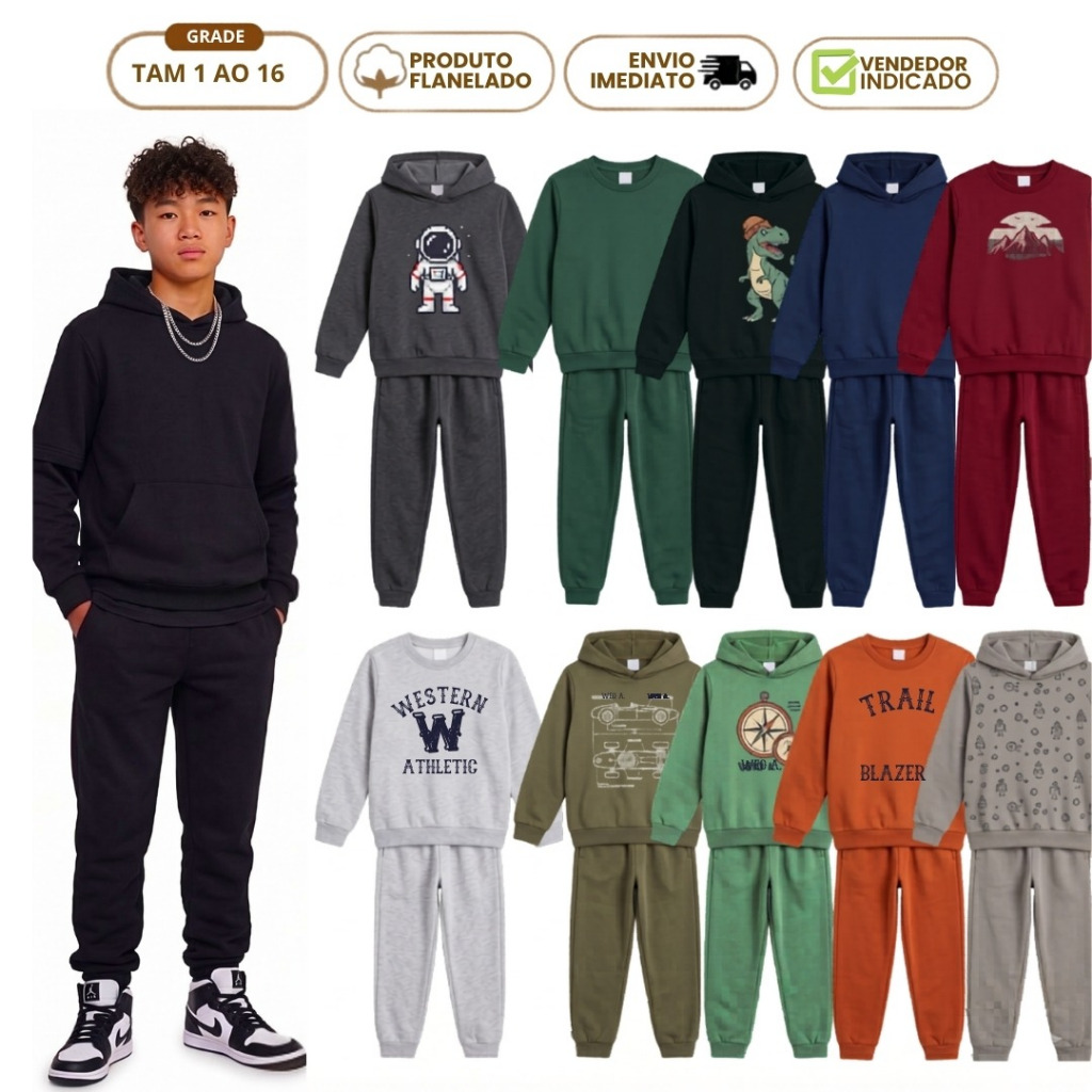 Kit 4 Peças Conjunto de Moletom Menino 2 Blusa Flanelada Infantil 2 Calça com Punho Algodão do 1 ao 16 anos
