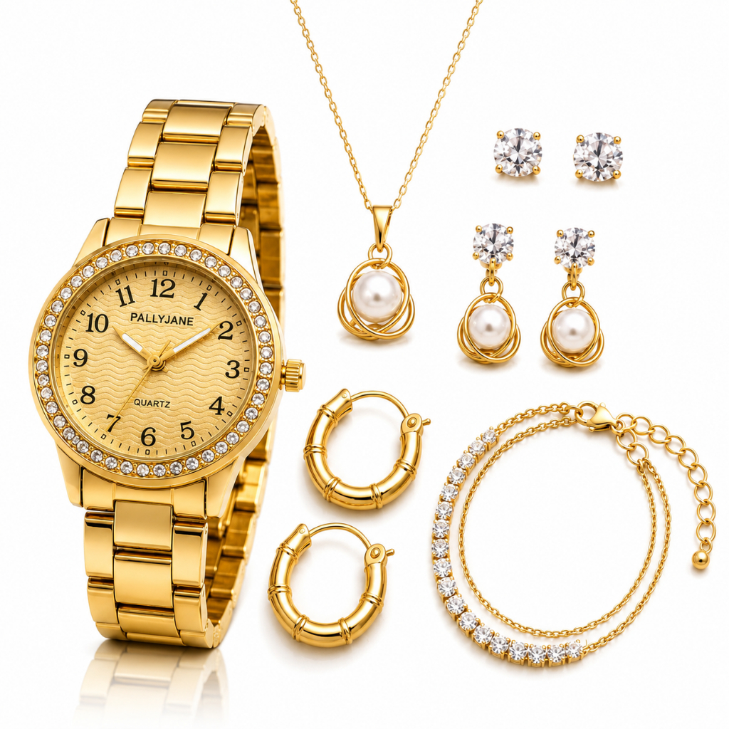 Kit Relógio Feminino Dourado Luxo 7 Peças Conjunto Colar Pulseira Brincos Presente Namorada Mãe