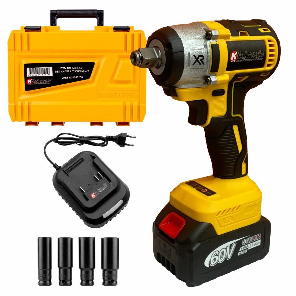 Chave Impacto 60v Recarregável Profissional Furadeira Amarelo 350Nm Elétrica Sem Escovas Com Maleta Acessórios