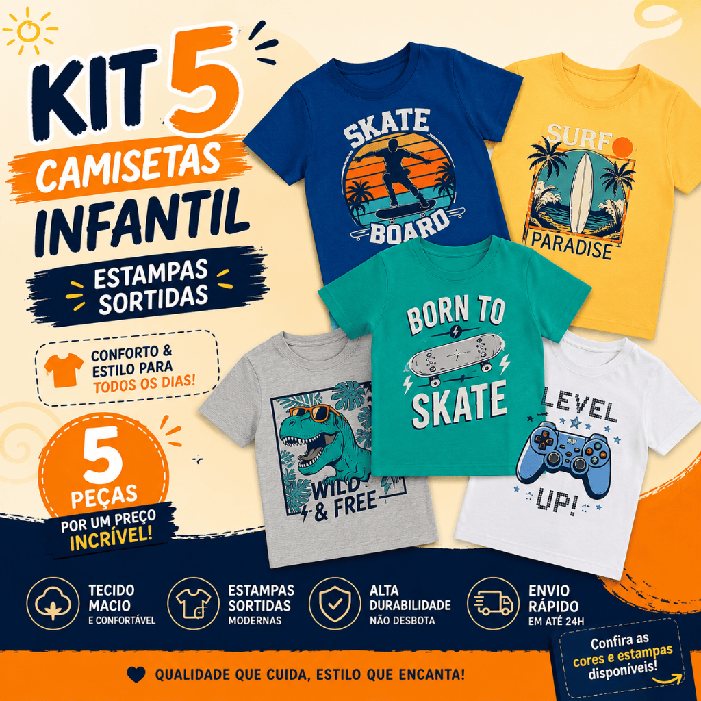 Kit 5 Camisetas Infantil Masculina 100% Algodão Estampas Sortidas Menino
