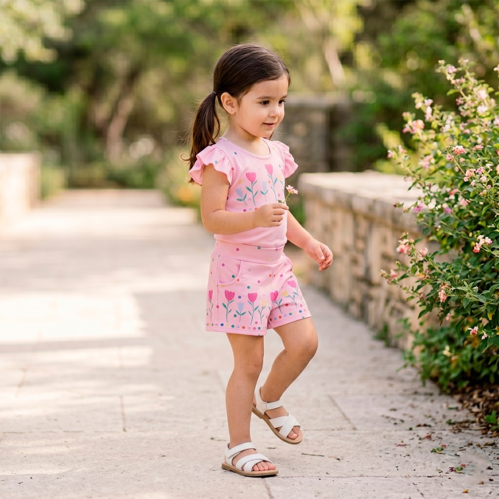 Conjunto Rosas Menina Infantil 2 Peças Blusa Canelada Shorts com Bolso Estampado Verão Casual