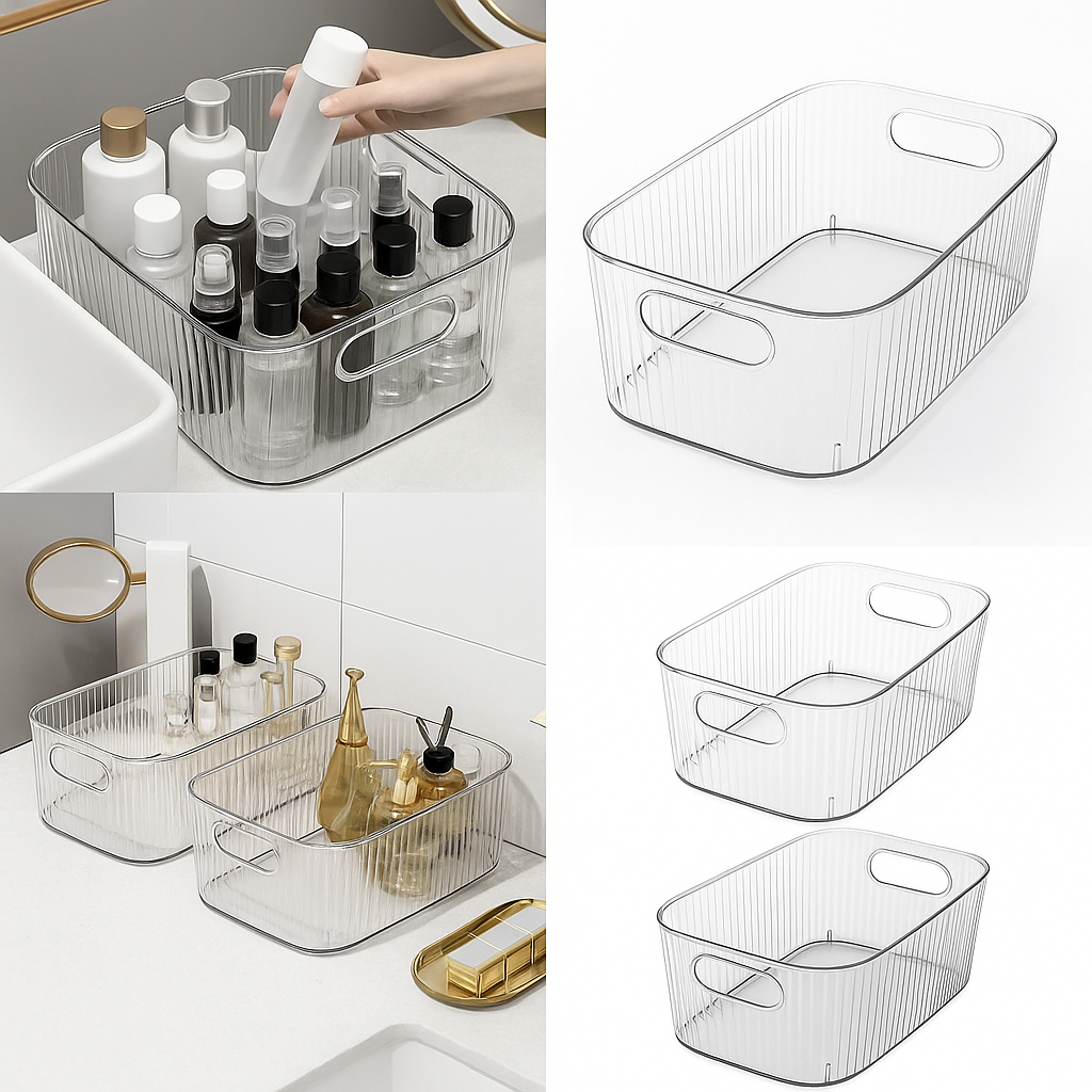 Kit Caixa de Armazenamento Decorativa Transparente Com Alça Organizador Banheiro Cozinha Multiuso
