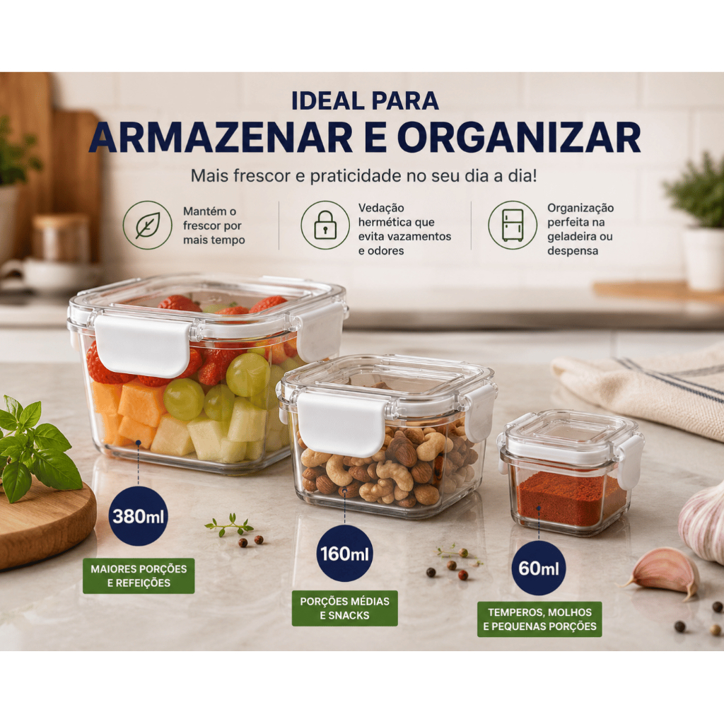 Kit 3 Potes Herméticos Quadrados Conjunto Plástico Mantimentos Temperos Lanche Geladeira Organizador