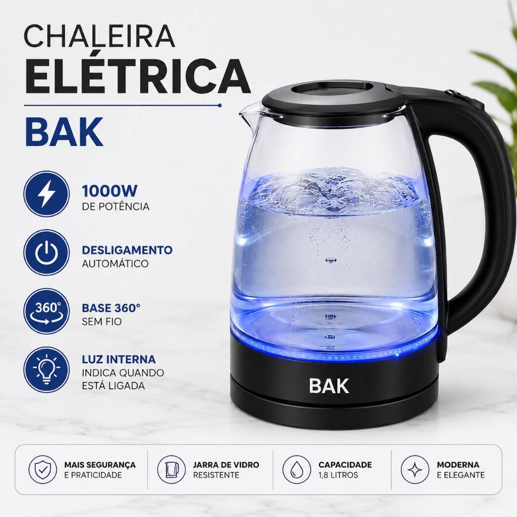 Chaleira Elétrica BAK1,8L Vidro Temperado E inox Aquecimento Rápido  Seguro Desligamento Automático
