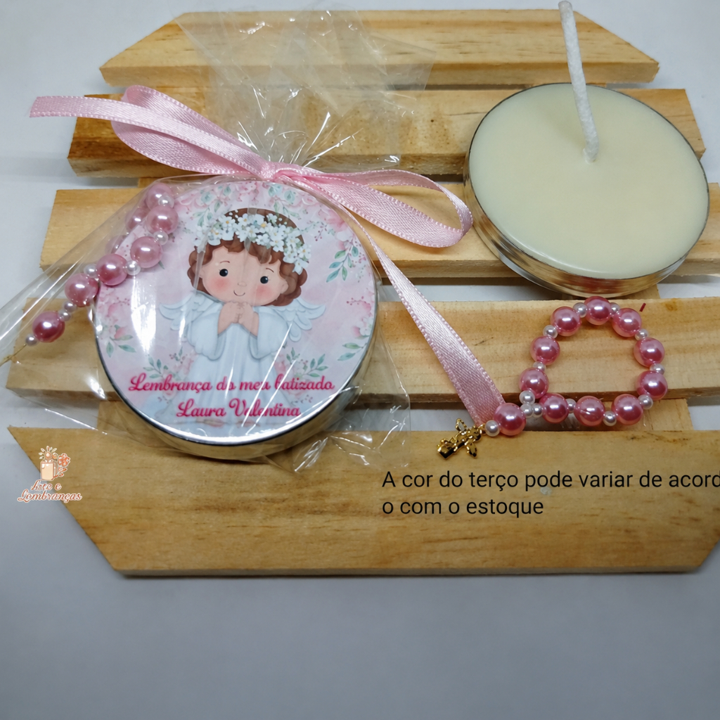 10 velinhas personalizadas com Mini terço lembrancinha de batizado