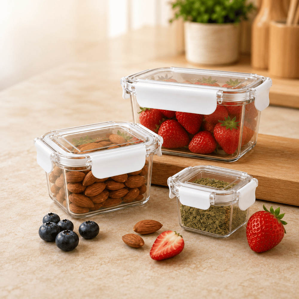Kit 3 Potes Hermético Retangulares Conjunto Plástico Mantimento Tempero Lanche Geladeira Organizador