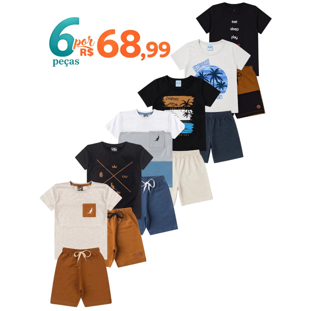 Kit 6 Peças Conjunto Infantil Menino Verão Bebê Algodão Promoção 3 Camisetas + 3 Bermudas Envio Sortido Tamanho 1 ao 12 — imagem 1
