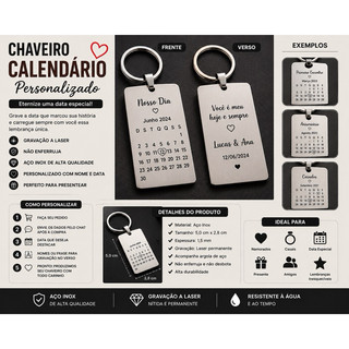 Chaveiro Calendário Personalizado em Aço Inox | Data Especial Gravada a Laser