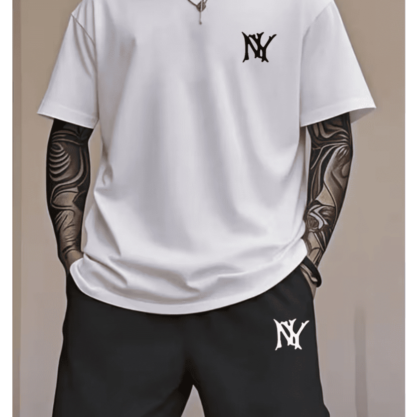Kit Conjunto Masculino Camiseta Algodão Short Tactel Estampado NY StreetWear Estilo Casual Leve E Confortável