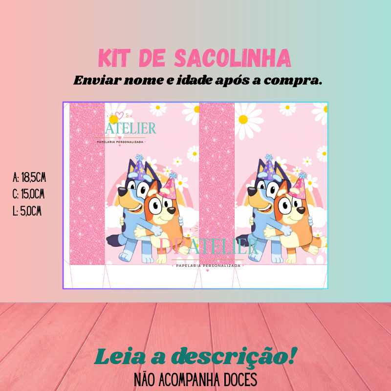 Sacolinha Personalizada Festa Infantil | Sacola Surpresa Lembrancinha | Nome e Idade -Tema: Bluey e Bingo Rosa