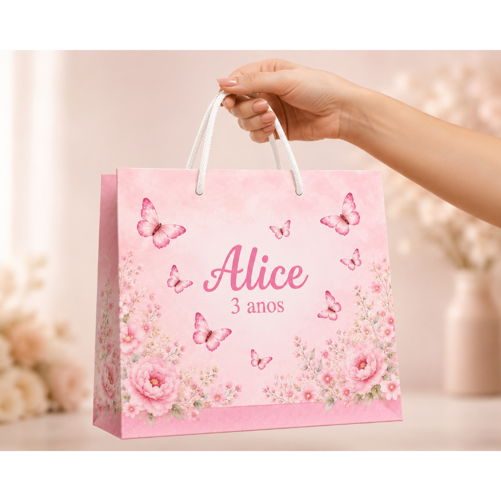 Pegue e monte - Sacolinha personalizada JARDIM BORBOLETA ROSA - lembrancinha bolsinha sacolinhas para lembrancinha