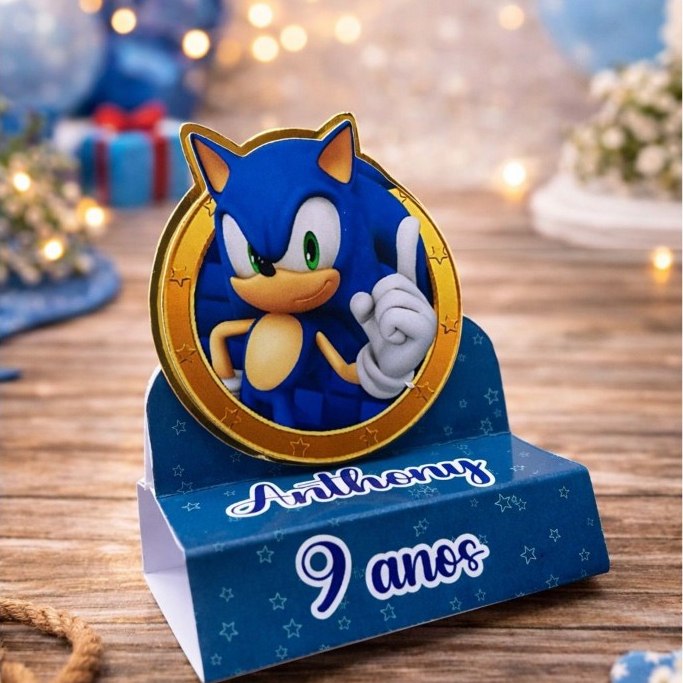 Porta Bis Duplo  SONIC Lembrancinha PEGUE E MONTE Festa Aplique 3D Lamicote Dourado