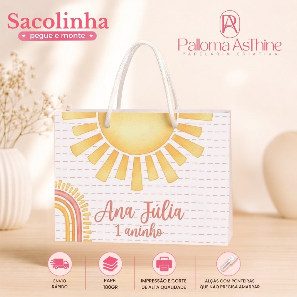 Sacolinha pegue/monte primeira volta ao sol rosa lembrancinha personalizada aniversário 20x15x7cm