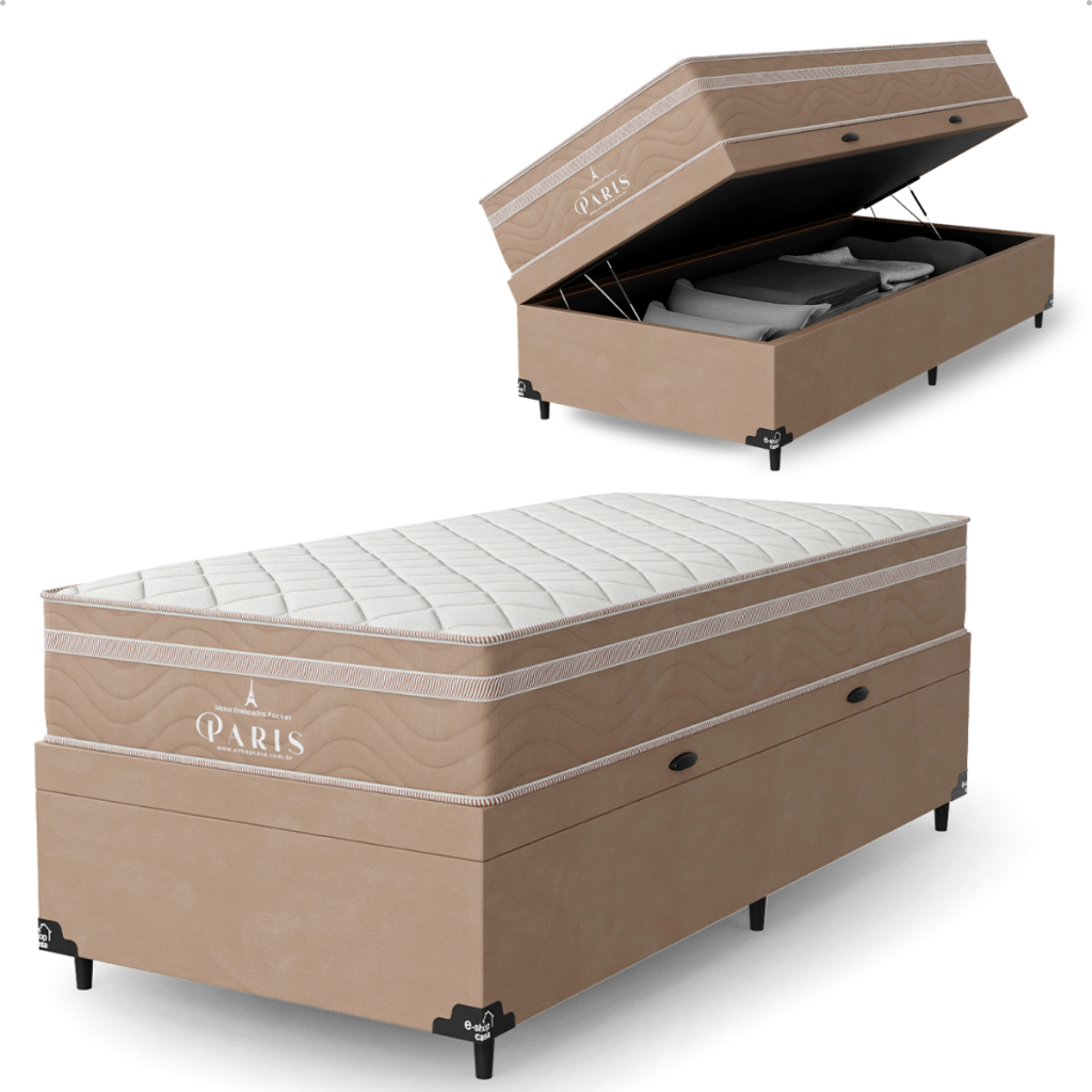 Cama Box Baú Solteiro Bege + Colchão Paris Bege Molas Ensacadas