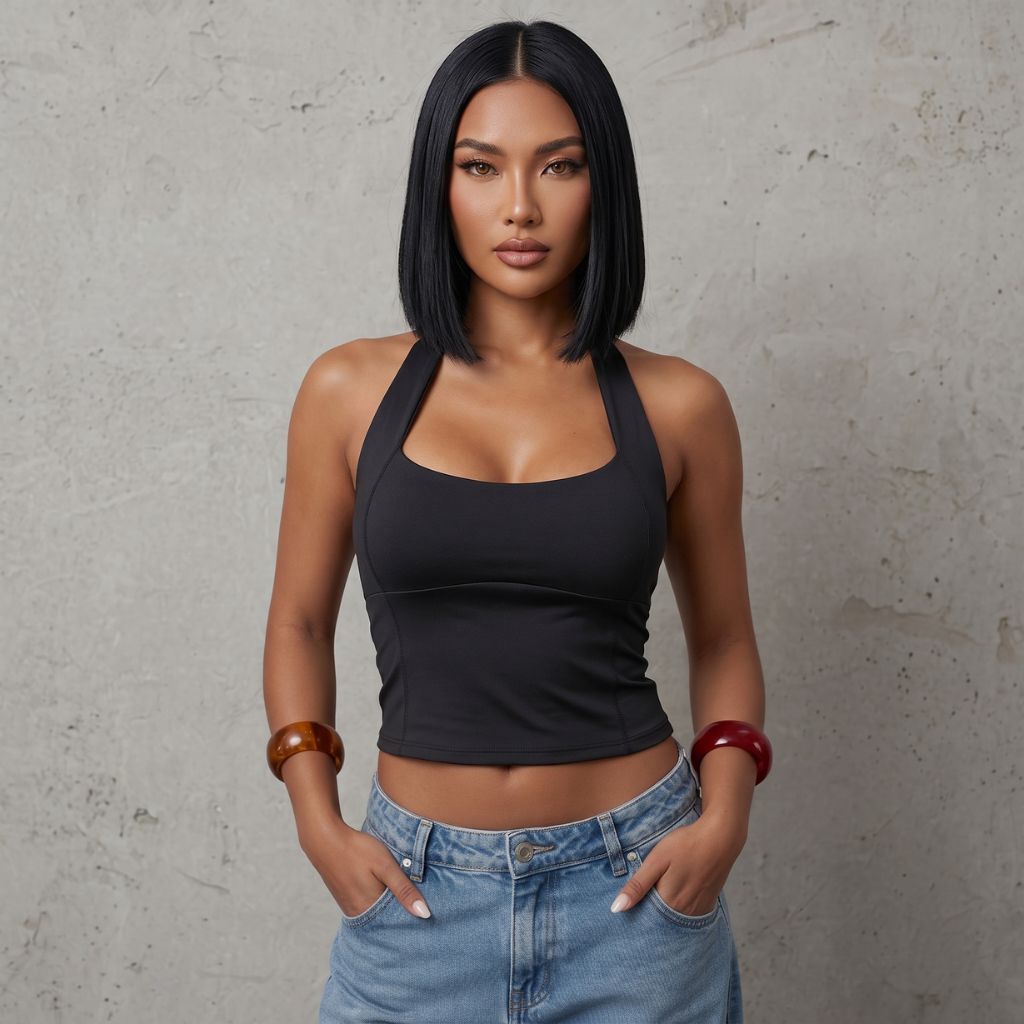 Blusa Feminina Top Halter Cropped Ajustado Decote Frente Unica Costa Nua – Casual Moda Verão 2026