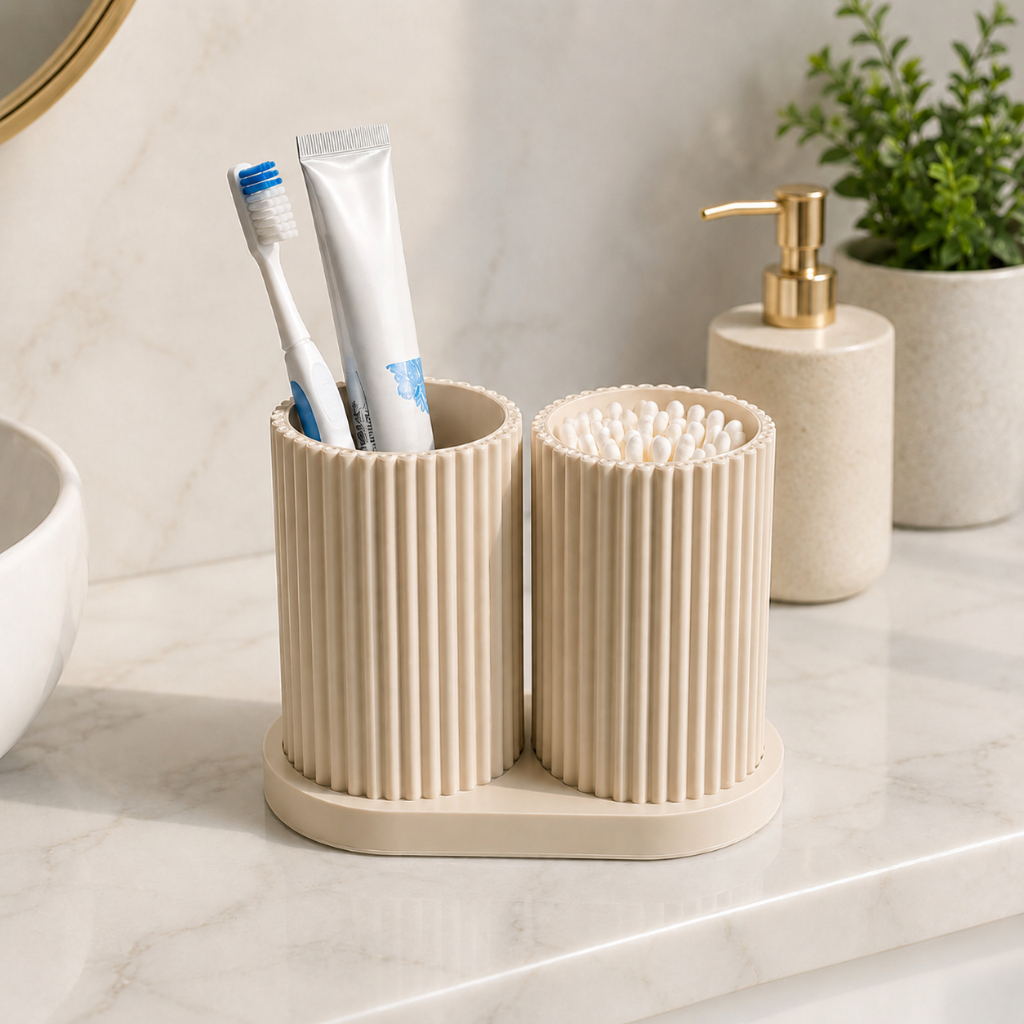 Porta Maquiagem Organizador De Objetos com dois Recipientes Canelado Branco/Preto para Banheiro/Mesa