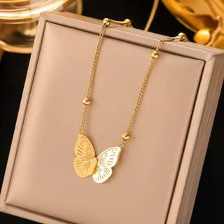 Colar Feminino Borboleta 3D com Bolinhas Aço Inoxidável Dourado ou Prateado Delicado