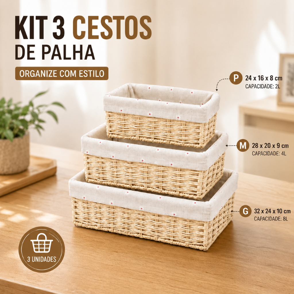 Kit 3 Cesto de Pão Organizador de Palha Tecido P/M/G Cesto Retangular Decoração Closet Quarto Sala
