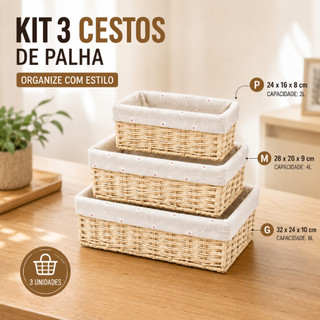 Kit 3 Cesto de Pão Organizador de Palha Tecido P/M/G Cesto Retangular Decoração Closet Quarto Sala