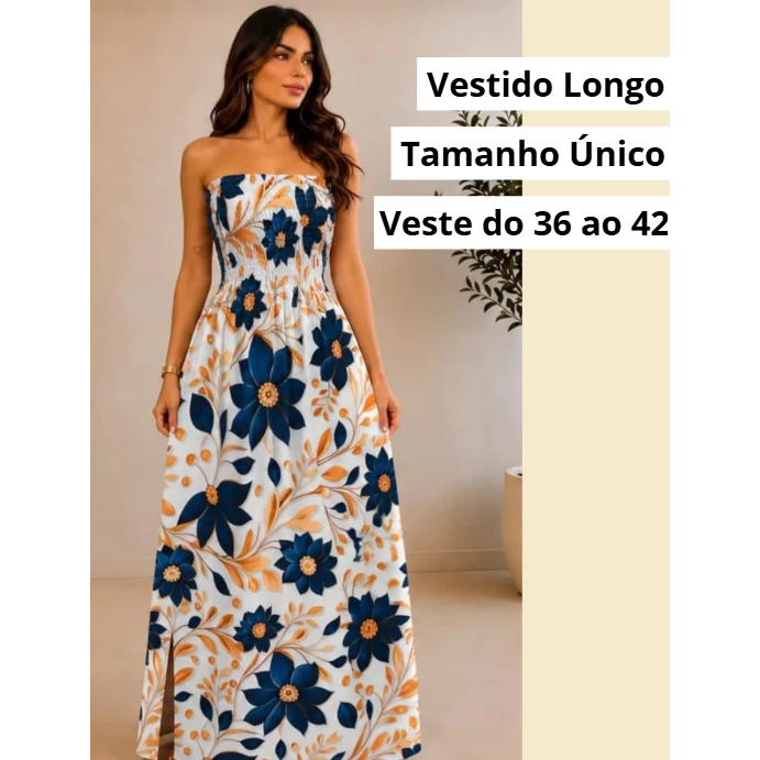 Vestido Longo Estampado Tomara Que Caia com Lastex No Peito e Costas Tamanho Único — imagem 1
