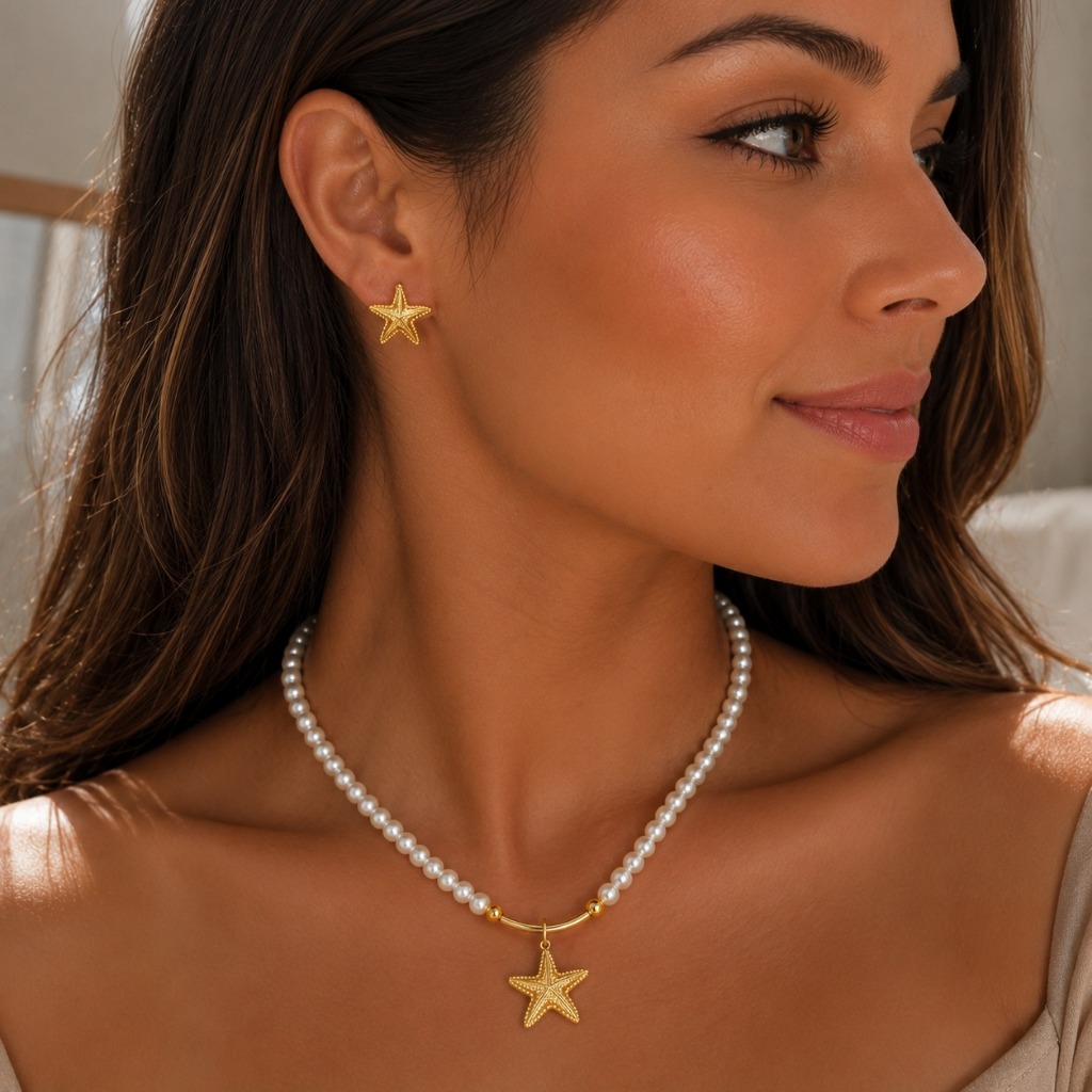 Kits Praia + Brincos Perola com Pingente Estrela do Mar + Brinco Feminino Dourado Kit Verão