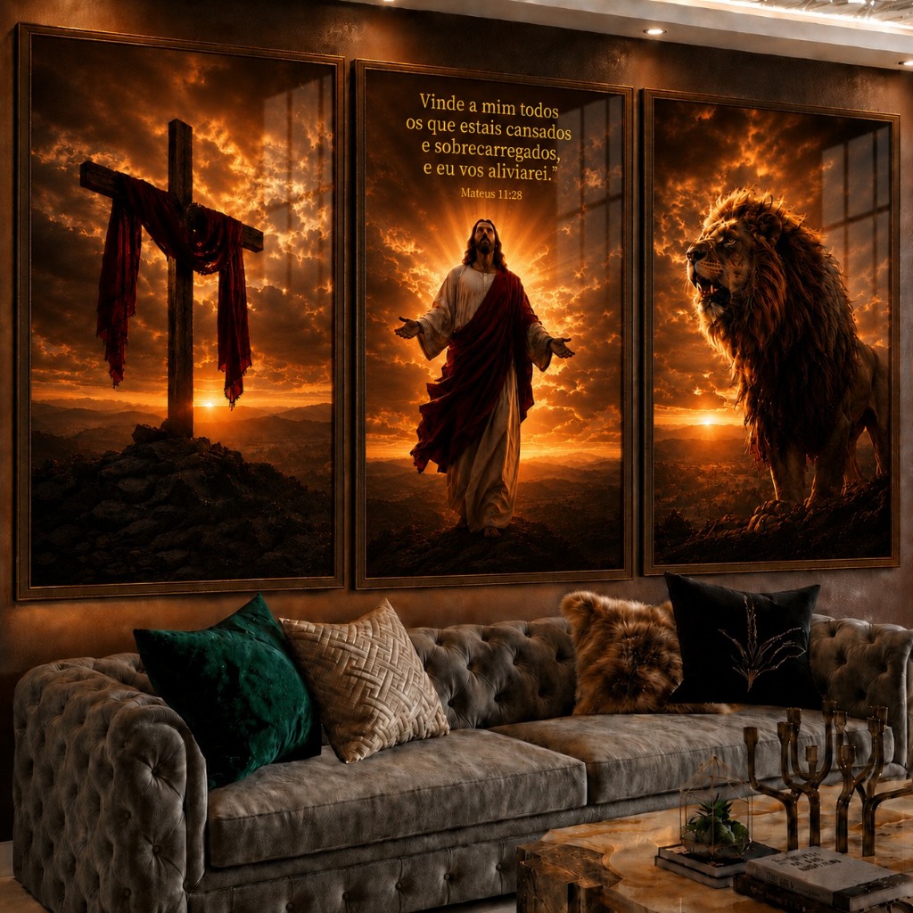 Kit 3 Quadros Decorativos Religiosos Jesus Cristo Leão de Judá Cruz Mateus 11:28 Sala Quarto Decoração Cristã Evangélico