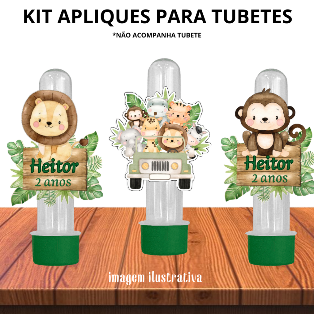 KIT 20 APLIQUES PARA TUBETES SAFARI MENINO COM NOME PERSONALIZADO FESTA INFANTIL LEMBRANCINHA