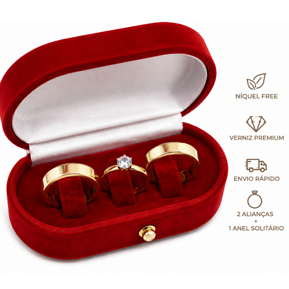 Par de Alianças 6mm + Anel Solitário – Banhados a Ouro 18K | + Caixinha Elegante
