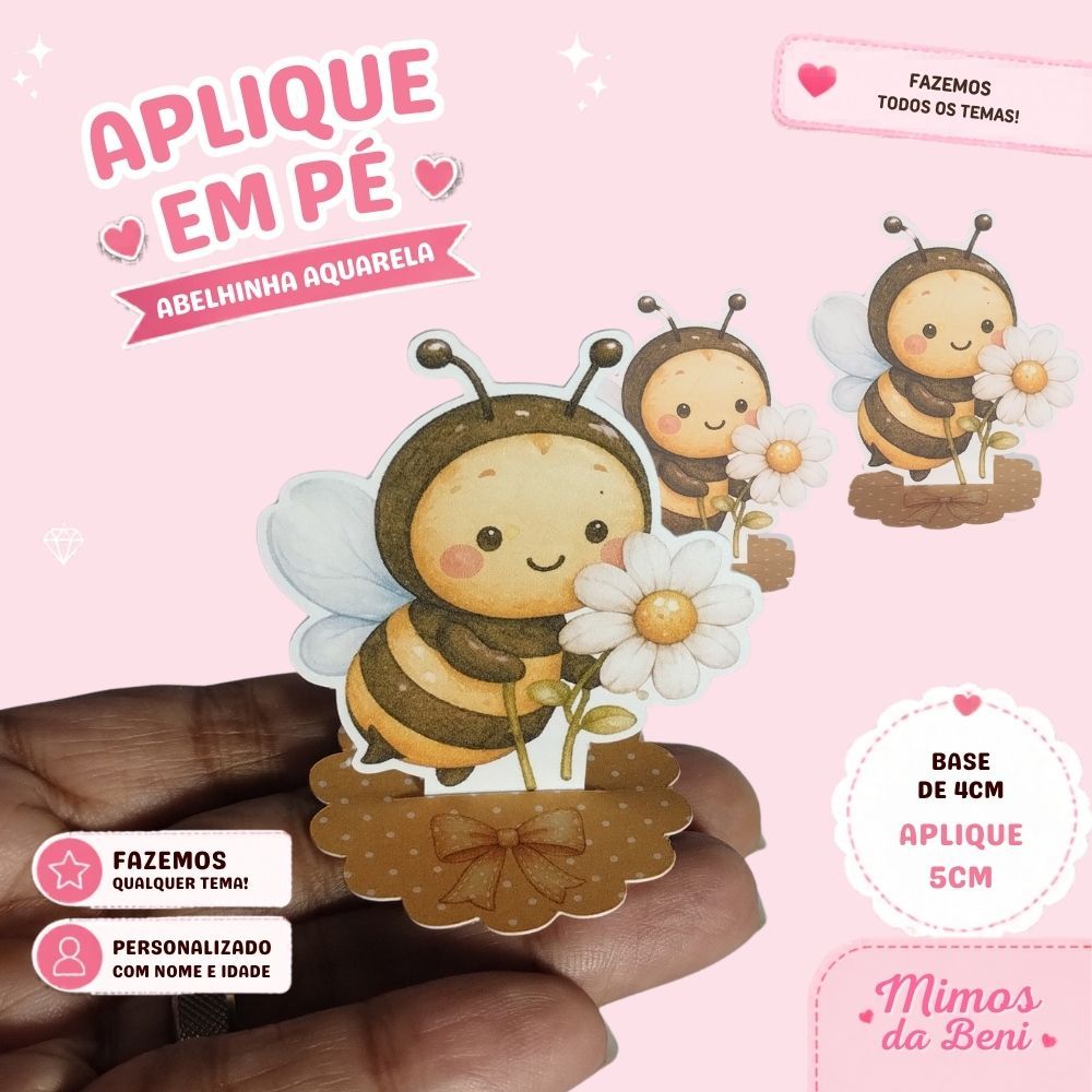 Aplique em Pé Abelhinha Festa Infantil Personalizado Nome e Idade para Decoração e Lembrancinha