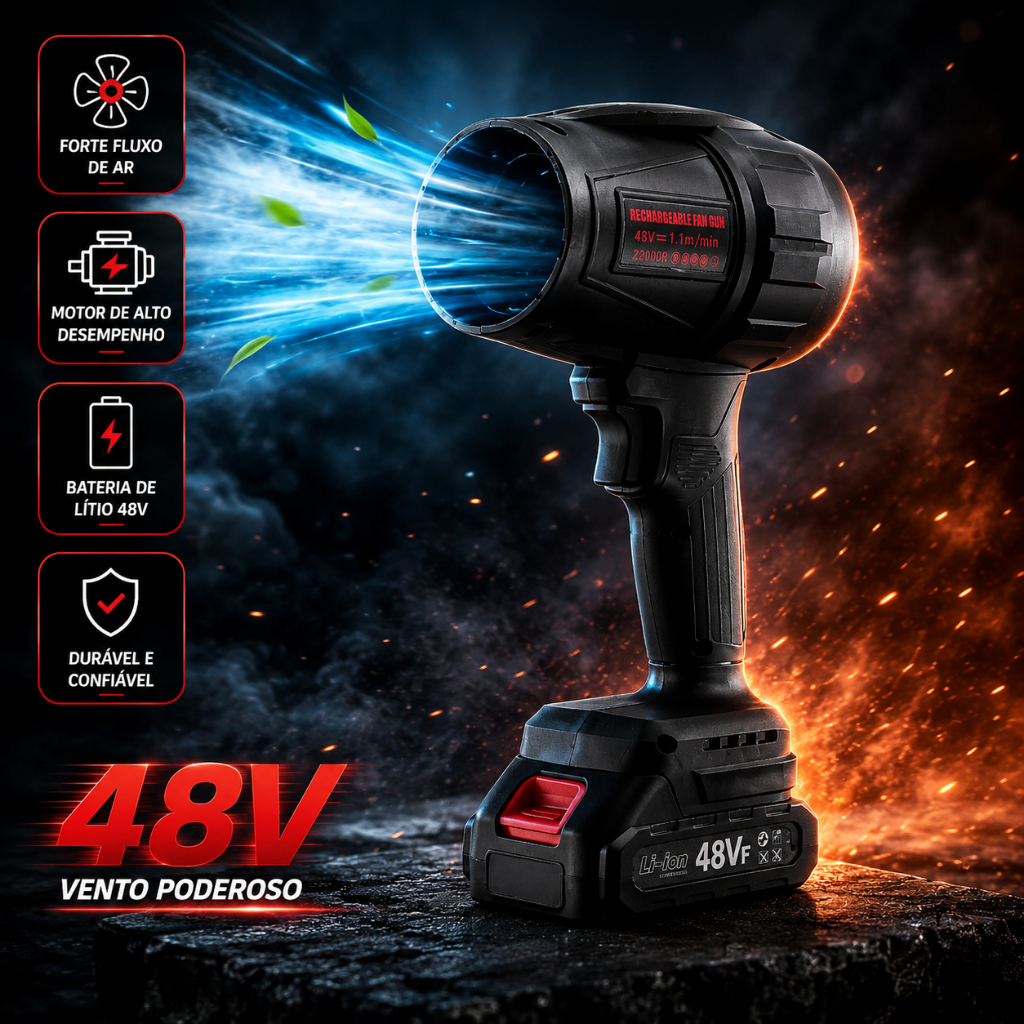Soprador de Folhas Turbo 48V, Motor Cobre Puro, Duas Baterias + Carregador Bivolt, Caixa de Papelão