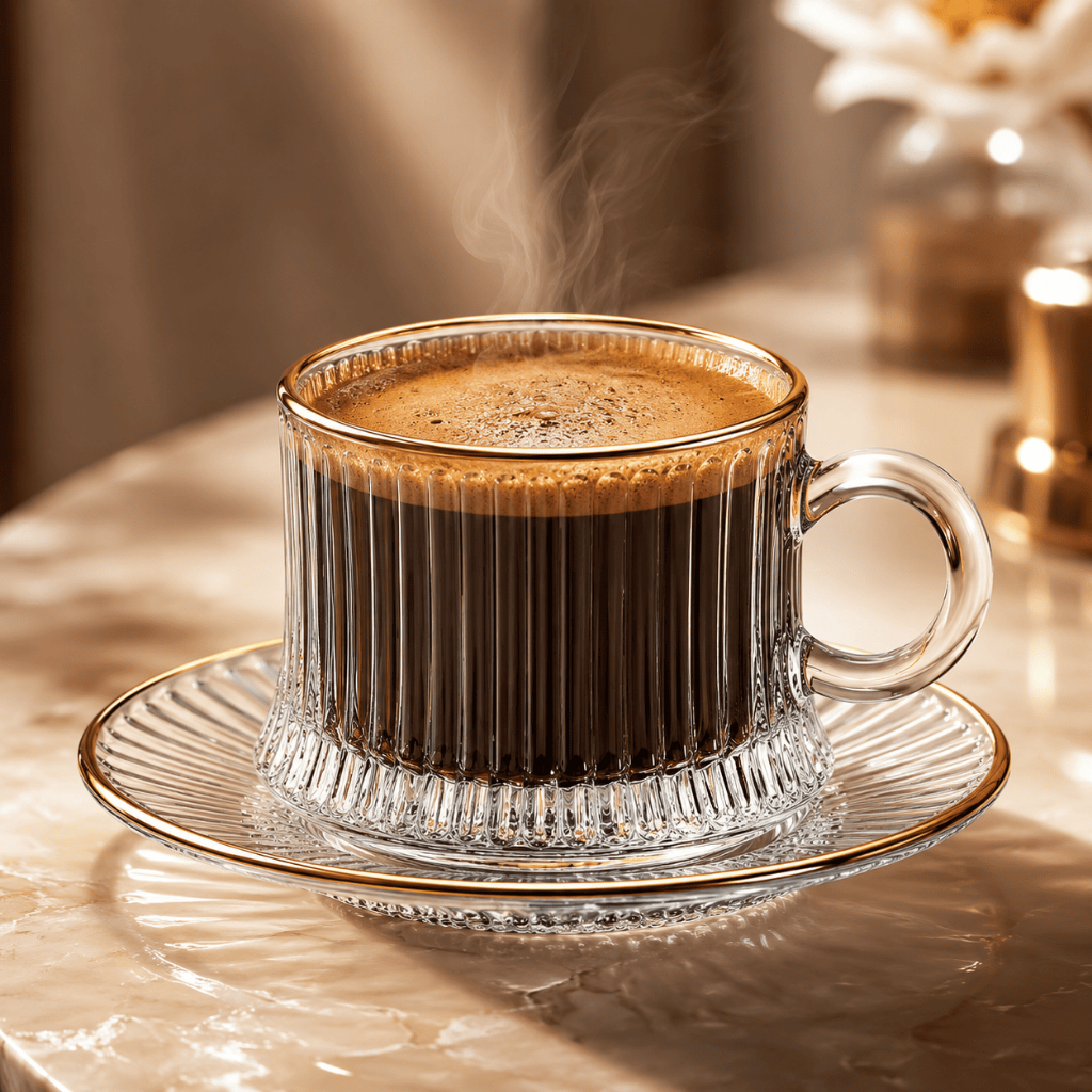 Jogo 6 Xícaras Café Chá Vidro Canelado ou Liso 80ml com Pires e Borda Dourada