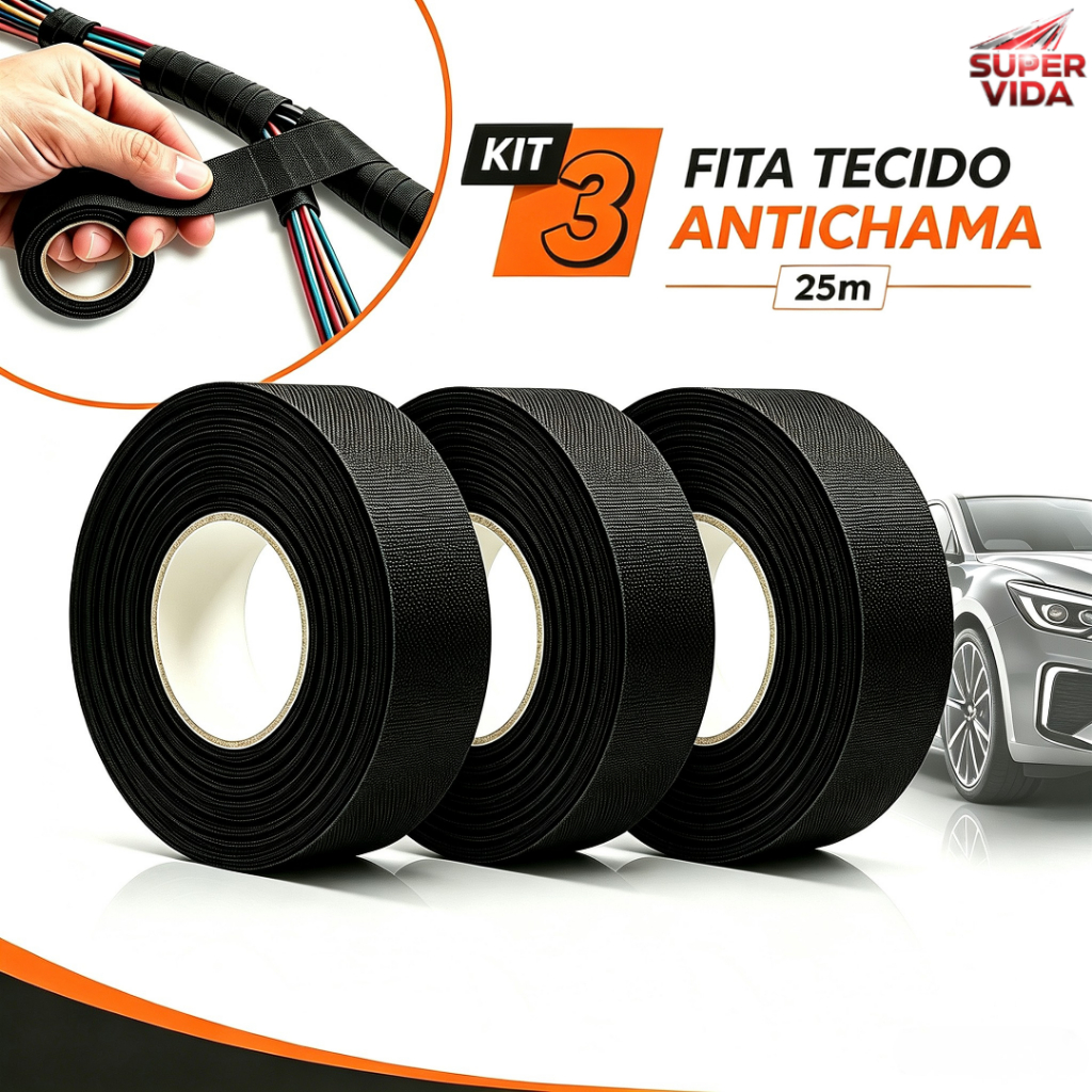 Kit 3 Fita Isolante Tecido Lonada Antichama 30M Para Chicote Automotivo Fios e Cabos